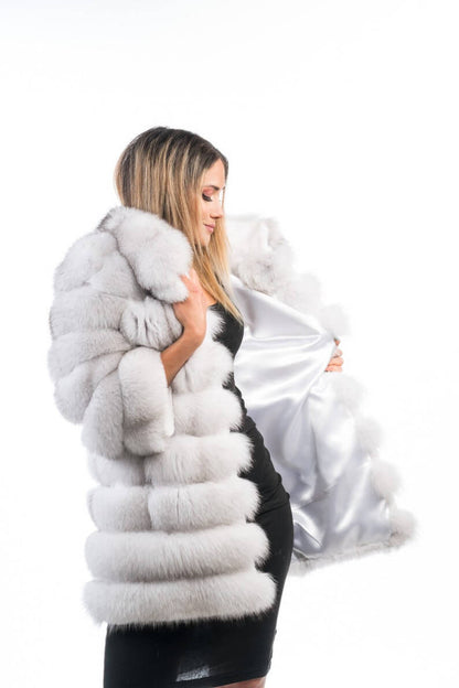 Fox fur coat blue natural — detail shot of premium satin lining inside above knee coat — Greek craftsmanship, TatiFurs
