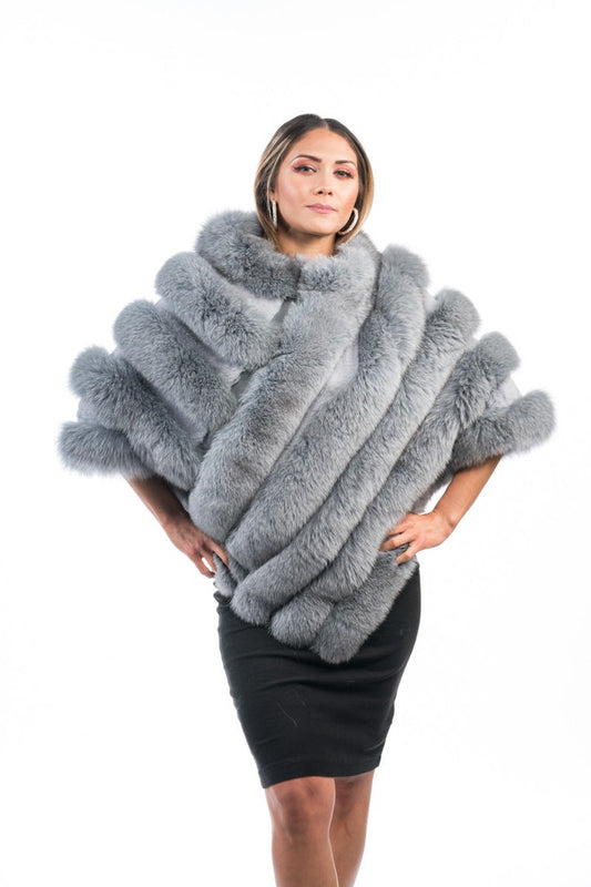 Fox fur poncho gray rabbit diagonal zipper hip level women — front view fox side, TatiFurs
