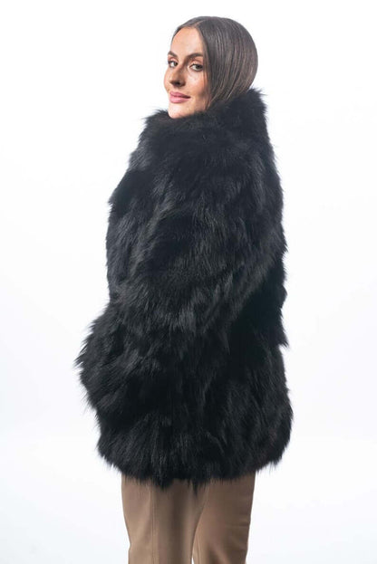 Fox fur jacket black with collar displaying colour matched black fox patchwork panels and below hip silhouette — Greek craftsmanship, TatiFurs
