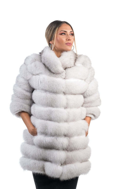 Fox fur coat blue natural collar rabbit trim above knee women — front view, TatiFurs
