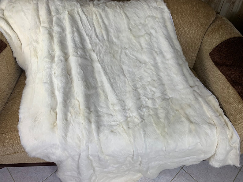 Real Off White Natural Full Skin Pelt Rabbit Fur Blanket  •  Luxury Fur Blanket Throw  •  Vintage Fur Bedspread  •  Home Warmer Blanket  • Perfect for your Living Room