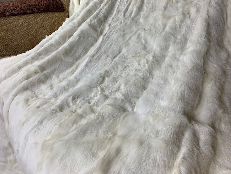 Real Off White Natural Full Skin Pelt Rabbit Fur Blanket  •  Luxury Fur Blanket Throw  •  Vintage Fur Bedspread  •  Home Warmer Blanket  • Perfect for your Living Room