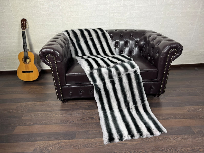 Real Full Skin Pelt Rex Rabbit Chinchilla Color Fur Blanket Throw • Housewarming Gift Sofa Cover n Bedspread •  Handmade Genuine Fur