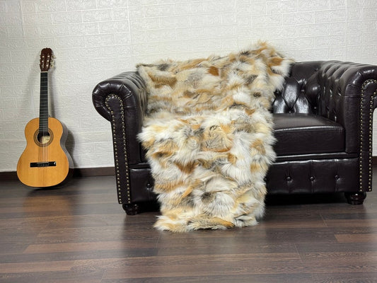 Real Golden Fox Fur Blanket Throw Blanket • Home Warmer Genuine Fur Blanket Throw • Housewarming gift • Luxury Fur Blanket Sofa Cover