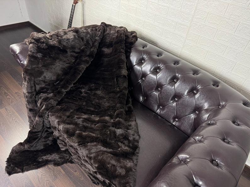 BROWN DOUBLE SIDED Rex Rabbit Fur Blanket  •  Luxury Fur Blanket Throw  • Fur Bedspread  •  Home Warmer Blanket  • Perfect for your Living Room