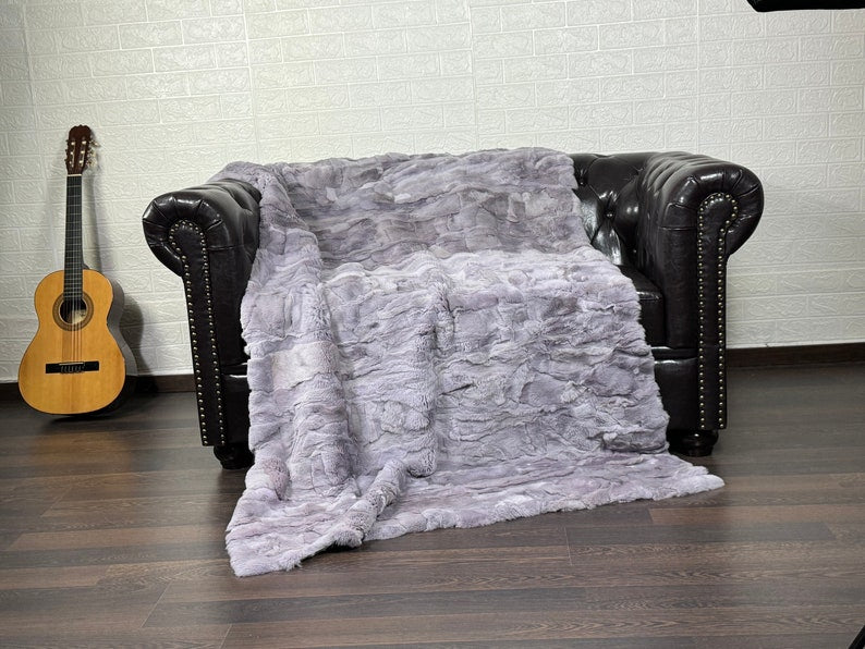 PURPLE DOUBLE SIDED Rex Rabbit Fur Blanket  •  Luxury Fur Blanket Throw  • Fur Bedspread  •  Home Warmer Blanket  • Perfect for your Living Room