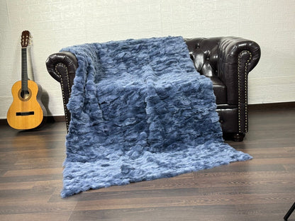 BLUE DOUBLE SIDED Rex Rabbit Fur Blanket  •  Luxury Fur Blanket Throw  • Fur Bedspread  •  Home Warmer Blanket  • Perfect for your Living Room