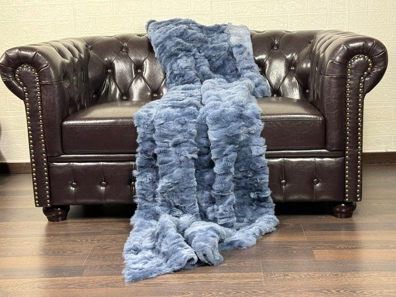 BLUE DOUBLE SIDED Rex Rabbit Fur Blanket  •  Luxury Fur Blanket Throw  • Fur Bedspread  •  Home Warmer Blanket  • Perfect for your Living Room