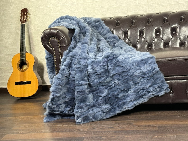 BLUE DOUBLE SIDED Rex Rabbit Fur Blanket  •  Luxury Fur Blanket Throw  • Fur Bedspread  •  Home Warmer Blanket  • Perfect for your Living Room
