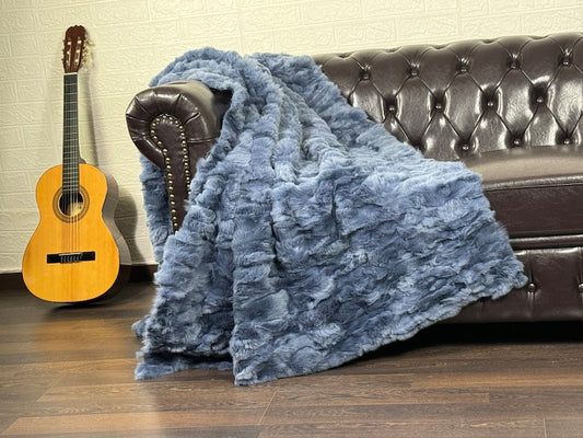 BLUE DOUBLE SIDED Rex Rabbit Fur Blanket  •  Luxury Fur Blanket Throw  • Fur Bedspread  •  Home Warmer Blanket  • Perfect for your Living Room