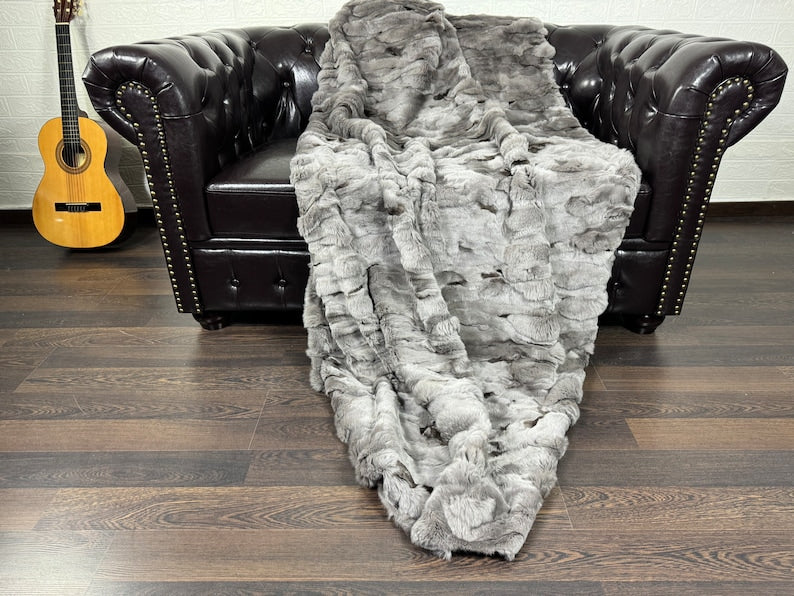 Real Grey Rex Rabbit Fur Blanket  •  Luxury Fur Blanket Throw  • Fur Bedspread  •  Home Warmer Blanket  • Perfect for your Living Room