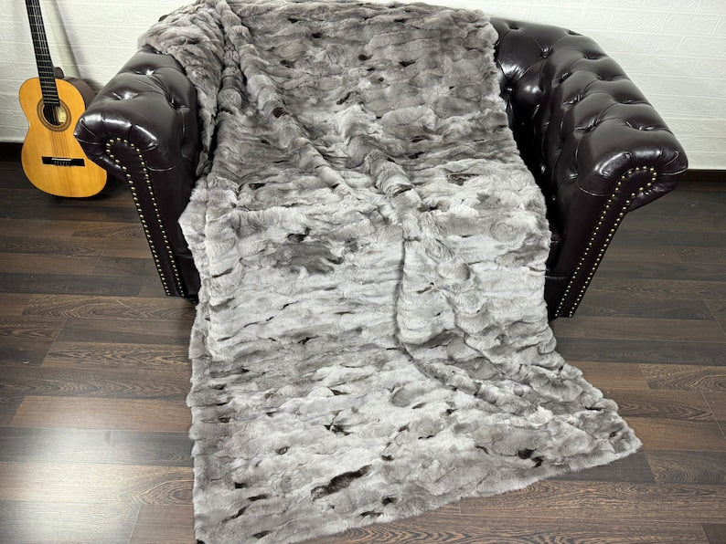 GRAY DOUBLE SIDED Rex Rabbit Fur Blanket  •  Luxury Fur Blanket Throw  • Fur Bedspread  •  Home Warmer Blanket  • Perfect for your Living Room
