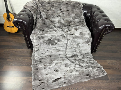 GRAY DOUBLE SIDED Rex Rabbit Fur Blanket  •  Luxury Fur Blanket Throw  • Fur Bedspread  •  Home Warmer Blanket  • Perfect for your Living Room