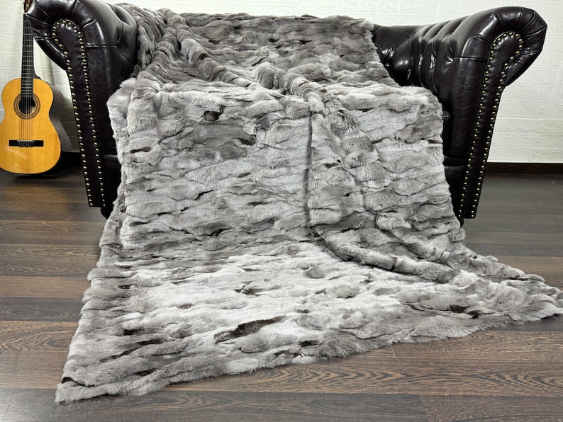 GRAY DOUBLE SIDED Rex Rabbit Fur Blanket  •  Luxury Fur Blanket Throw  • Fur Bedspread  •  Home Warmer Blanket  • Perfect for your Living Room