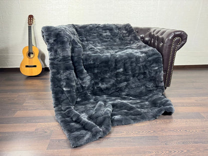 Real Gray Rex Rabbit Fur Blanket  •  Luxury Fur Blanket Throw  • Fur Bedspread  •  Home Warmer Blanket  • Perfect for your Living Room