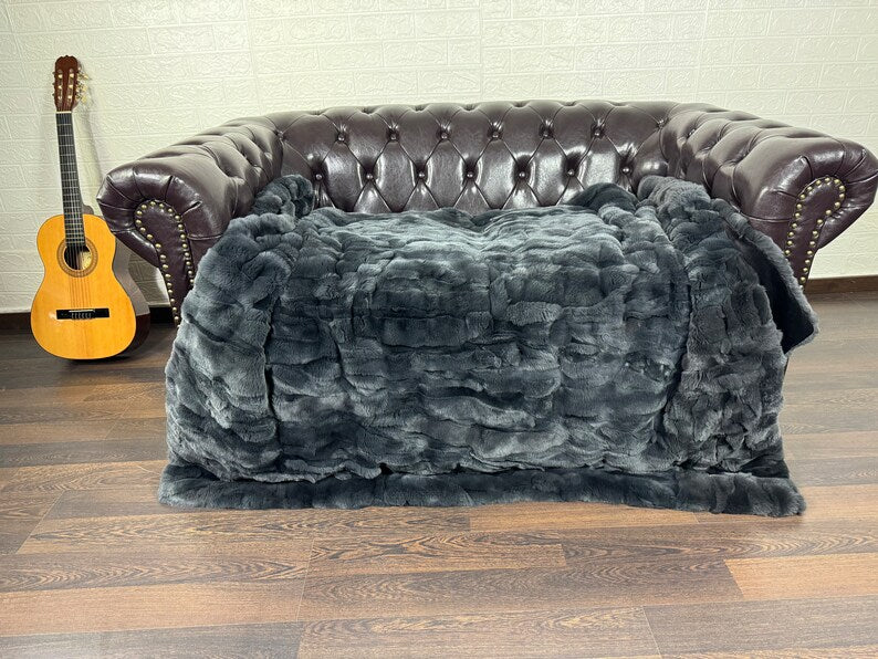 Real Gray Rex Rabbit Fur Blanket  •  Luxury Fur Blanket Throw  • Fur Bedspread  •  Home Warmer Blanket  • Perfect for your Living Room