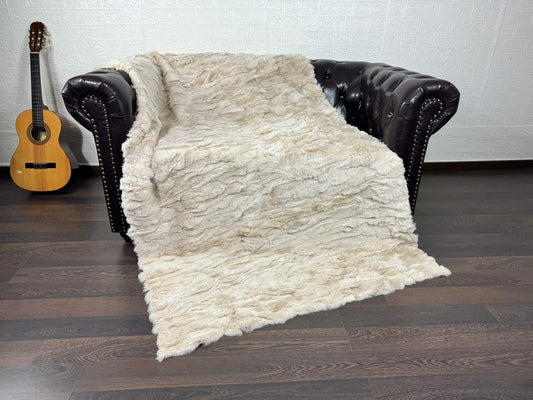 Real Beige Rex Rabbit Fur Blanket  •  Luxury Fur Blanket Throw  • Fur Bedspread  •  Home Warmer Blanket  • Perfect for your Living Room