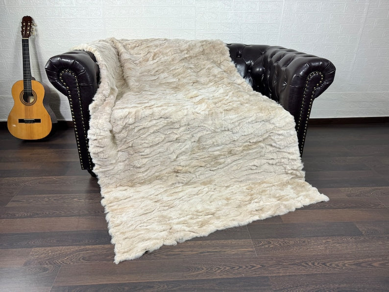 BEIGE DOUBLE SIDED Rex Rabbit Fur Blanket  •  Luxury Fur Blanket Throw  • Fur Bedspread  •  Home Warmer Blanket  • Perfect for your Living Room