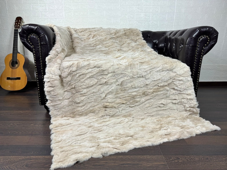 BEIGE DOUBLE SIDED Rex Rabbit Fur Blanket  •  Luxury Fur Blanket Throw  • Fur Bedspread  •  Home Warmer Blanket  • Perfect for your Living Room