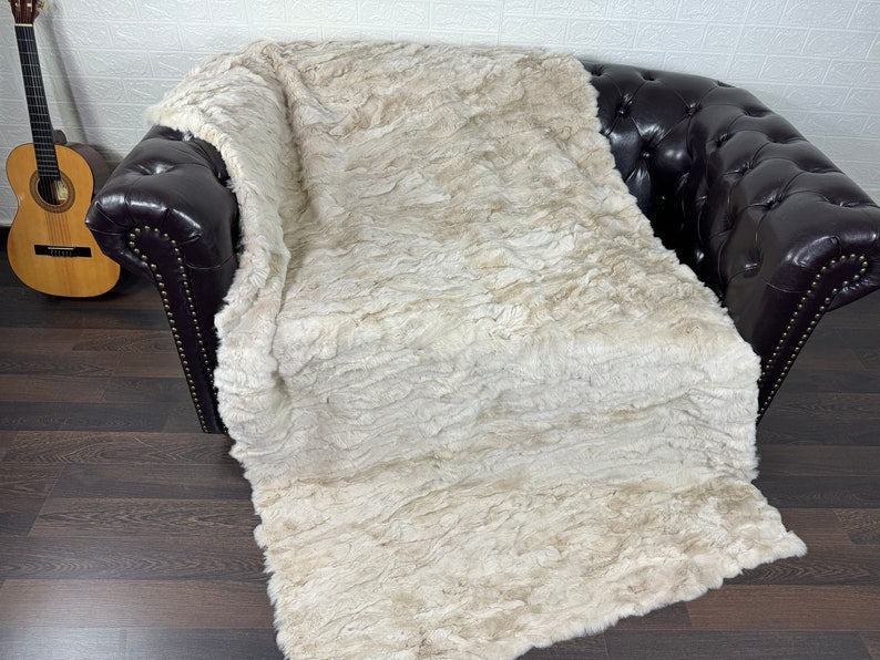 Real Beige Rex Rabbit Fur Blanket  •  Luxury Fur Blanket Throw  • Fur Bedspread  •  Home Warmer Blanket  • Perfect for your Living Room