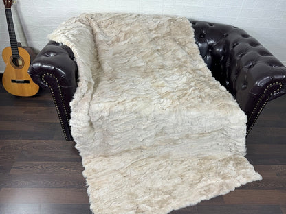 BEIGE DOUBLE SIDED Rex Rabbit Fur Blanket  •  Luxury Fur Blanket Throw  • Fur Bedspread  •  Home Warmer Blanket  • Perfect for your Living Room