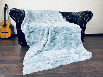 LIGHT BLUE DOUBLE SIDED Rex Rabbit Fur Blanket  •  Luxury Fur Blanket Throw  • Fur Bedspread  •  Home Warmer Blanket  • Perfect for your Living Room