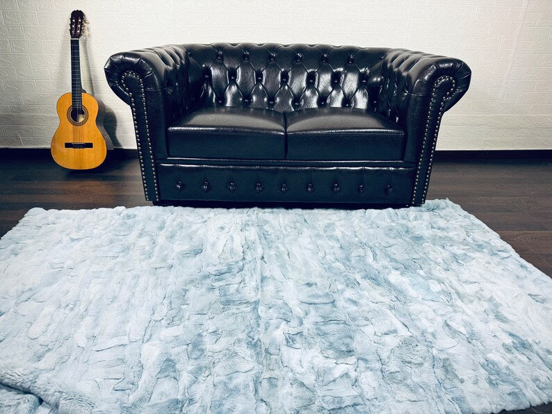 Real Light Blue Rex Rabbit Fur Blanket  •  Luxury Fur Blanket Throw  • Fur Bedspread  •  Home Warmer Blanket  • Perfect for your Living Room