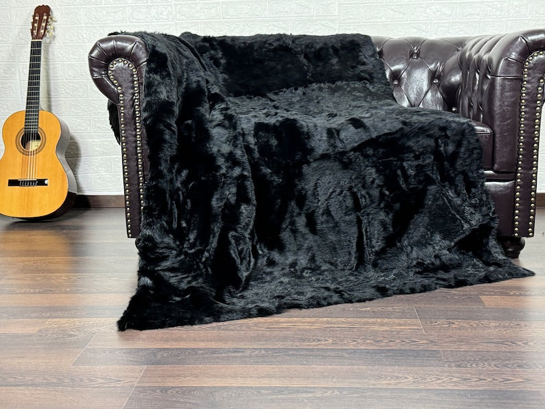 Real Black Full Skin Pelt Rabbit Fur Blanket  •  Luxury Fur Blanket Throw  •  Vintage Fur Bedspread  •  Home Warmer Blanket  • Perfect for your Living Room