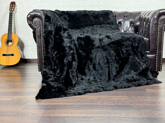 Real Black Full Skin Pelt Rabbit Fur Blanket  •  Luxury Fur Blanket Throw  •  Vintage Fur Bedspread  •  Home Warmer Blanket  • Perfect for your Living Room