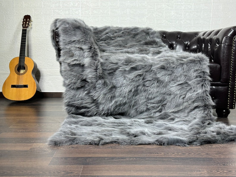 GRAY DOUBLE SIDED Fox fur throw blanket