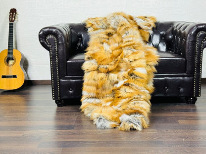 GOLD NATURAL  DOUBLE SIDED Fox fur throw blanket