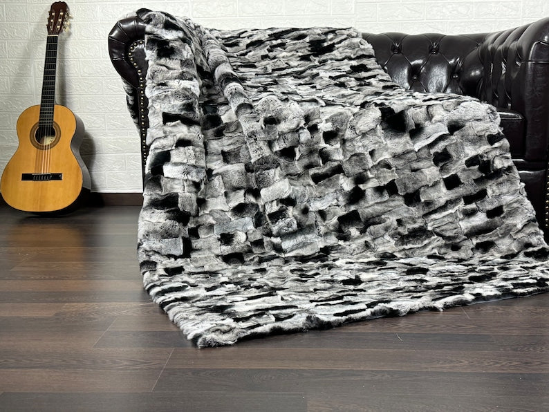 CHINCHILLA COLOR DOUBLE SIDED Rex Rabbit Fur Blanket  •  Luxury Fur Blanket Throw  • Fur Bedspread  •  Home Warmer Blanket  • Perfect for your Living Room