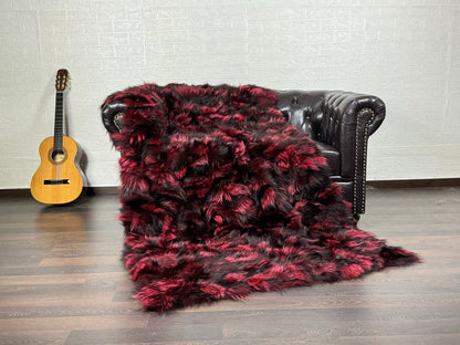 BLACK RED DOUBLE SIDED Fox fur throw blanket