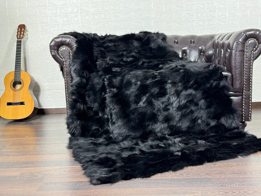 Real Black Fox Fur Blanket Throw Blanket • Home Warmer Genuine Fur Blanket Throw • Housewarming gift • Luxury Fur Blanket Sofa Cover