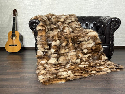Real Rug Crystal Fox Fur Blanket Throw Blanket • Home Warmer Genuine Fur Blanket Throw • Housewarming gift • Luxury Fur Blanket Sofa Cover