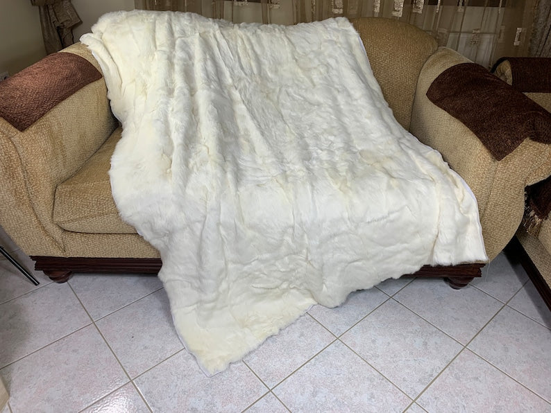 Real Off White Natural Full Skin Pelt Rabbit Fur Blanket  •  Luxury Fur Blanket Throw  •  Vintage Fur Bedspread  •  Home Warmer Blanket  • Perfect for your Living Room