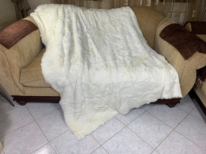 Real Off White Natural Full Skin Pelt Rabbit Fur Blanket  •  Luxury Fur Blanket Throw  •  Vintage Fur Bedspread  •  Home Warmer Blanket  • Perfect for your Living Room