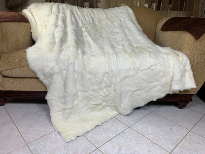 Real Off White Natural Full Skin Pelt Rabbit Fur Blanket  •  Luxury Fur Blanket Throw  •  Vintage Fur Bedspread  •  Home Warmer Blanket  • Perfect for your Living Room
