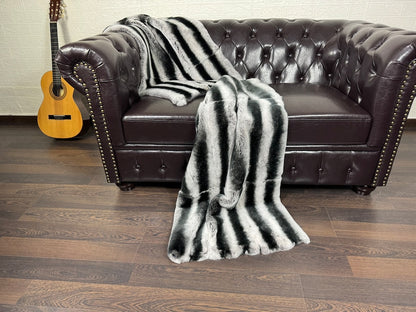 Real Full Skin Pelt Rex Rabbit Chinchilla Color Fur Blanket Throw • Housewarming Gift Sofa Cover n Bedspread •  Handmade Genuine Fur