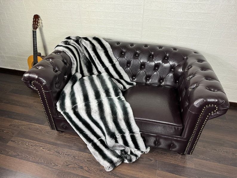 Real Full Skin Pelt Rex Rabbit Chinchilla Color Fur Blanket Throw • Housewarming Gift Sofa Cover n Bedspread •  Handmade Genuine Fur