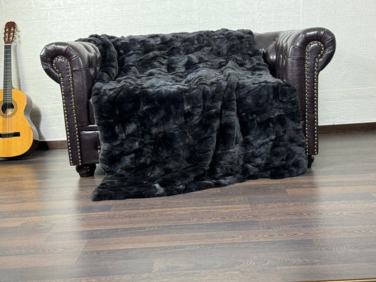 Real Black Rex Rabbit Fur Blanket  •  Luxury Fur Blanket Throw  • Fur Bedspread  •  Home Warmer Blanket  • Perfect for your Living Room