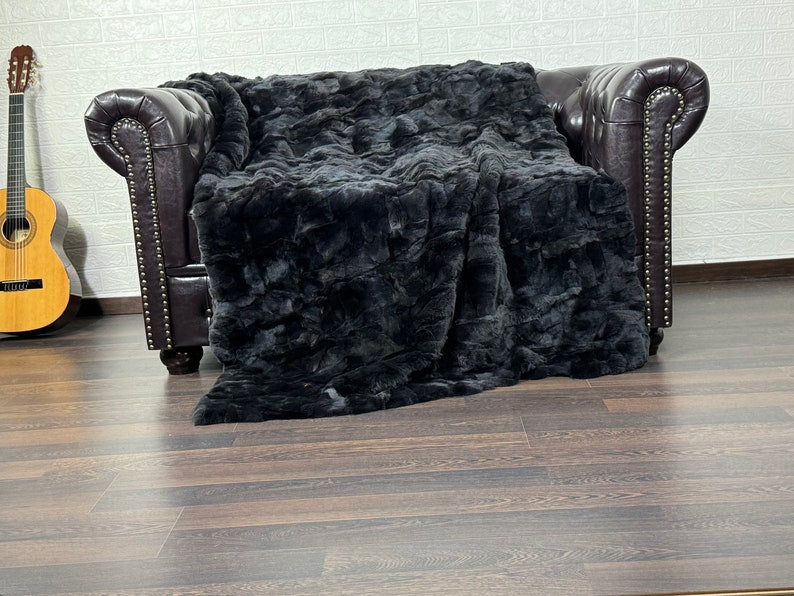 BLACK DOUBLE SIDED Rex Rabbit Fur Blanket  •  Luxury Fur Blanket Throw  • Fur Bedspread  •  Home Warmer Blanket  • Perfect for your Living Room