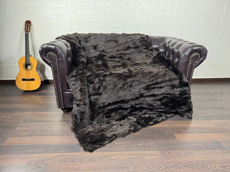BROWN DOUBLE SIDED Rex Rabbit Fur Blanket  •  Luxury Fur Blanket Throw  • Fur Bedspread  •  Home Warmer Blanket  • Perfect for your Living Room