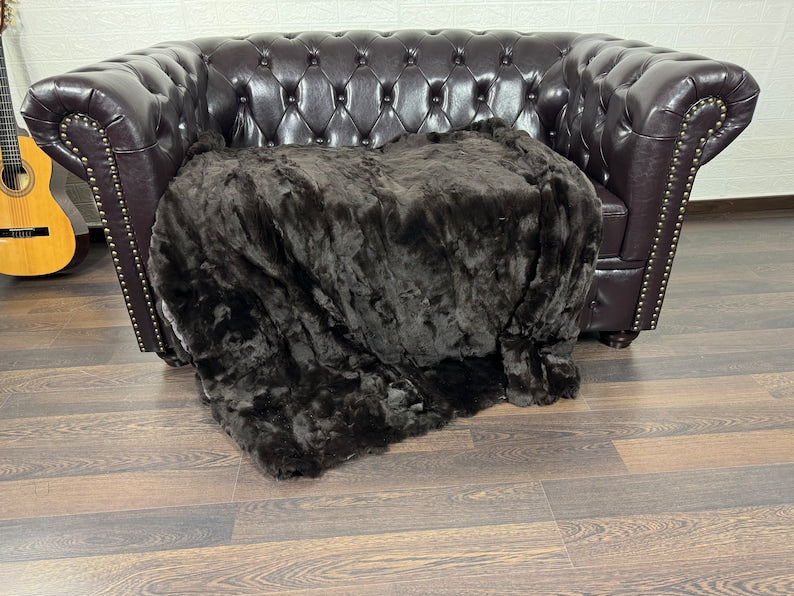 BROWN DOUBLE SIDED Rex Rabbit Fur Blanket  •  Luxury Fur Blanket Throw  • Fur Bedspread  •  Home Warmer Blanket  • Perfect for your Living Room
