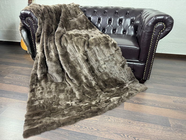 Real Brown Rex Rabbit Fur Blanket  •  Luxury Fur Blanket Throw  • Fur Bedspread  •  Home Warmer Blanket  • Perfect for your Living Room