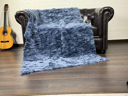 BLUE DOUBLE SIDED Rex Rabbit Fur Blanket  •  Luxury Fur Blanket Throw  • Fur Bedspread  •  Home Warmer Blanket  • Perfect for your Living Room