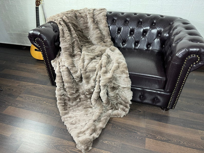 Real Brown Rex Rabbit Fur Blanket  •  Luxury Fur Blanket Throw  • Fur Bedspread  •  Home Warmer Blanket  • Perfect for your Living Room