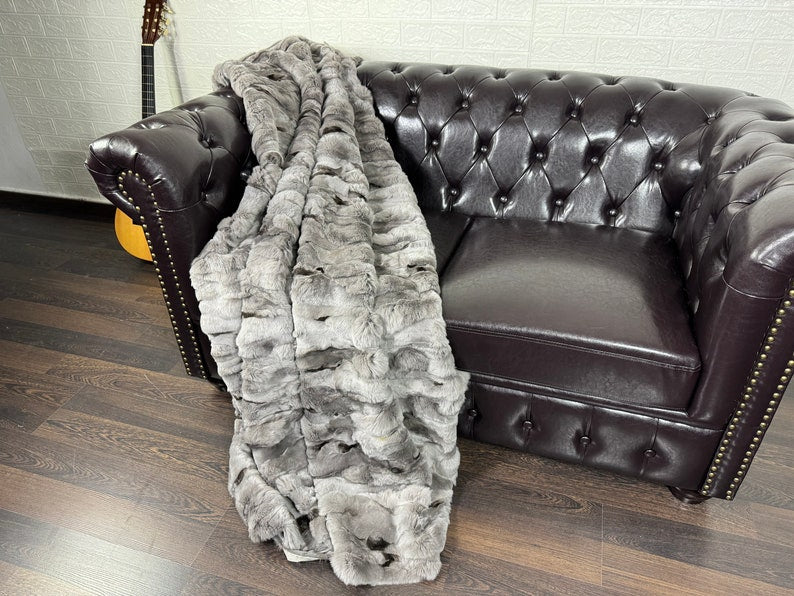 GRAY DOUBLE SIDED Rex Rabbit Fur Blanket  •  Luxury Fur Blanket Throw  • Fur Bedspread  •  Home Warmer Blanket  • Perfect for your Living Room