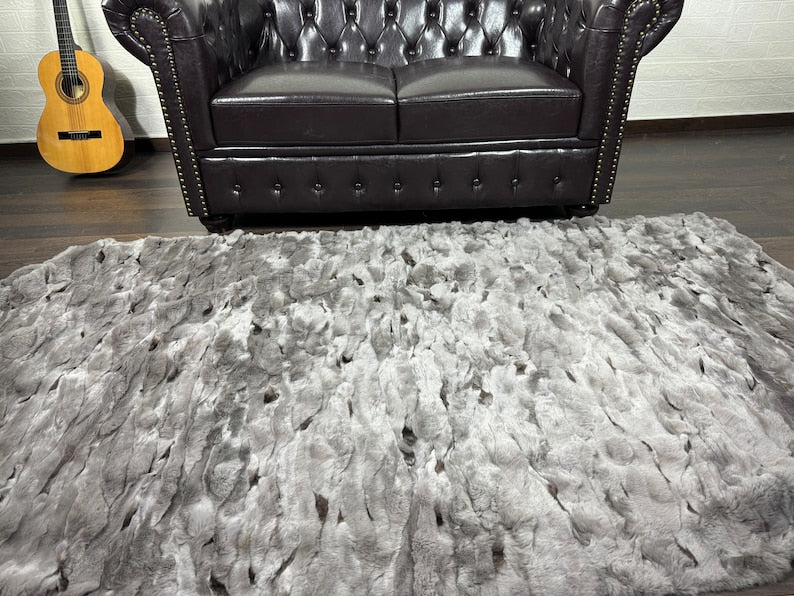 Real Grey Rex Rabbit Fur Blanket  •  Luxury Fur Blanket Throw  • Fur Bedspread  •  Home Warmer Blanket  • Perfect for your Living Room