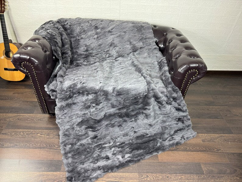 Real Gray Rex Rabbit Fur Blanket  •  Luxury Fur Blanket Throw  • Fur Bedspread  •  Home Warmer Blanket  • Perfect for your Living Room
